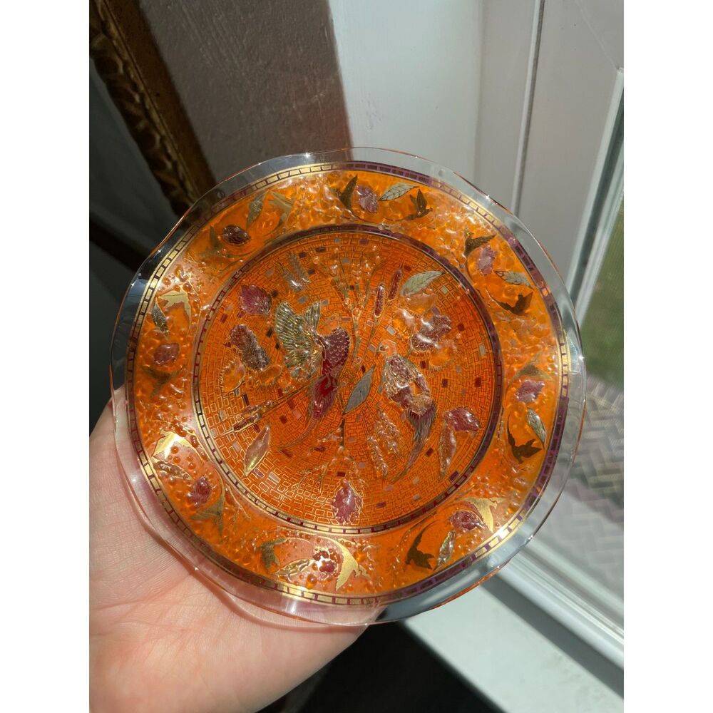 Vintage MCM Houze Art Glass 14K Gold Leaf Orange Mosaic Pheasant Plate